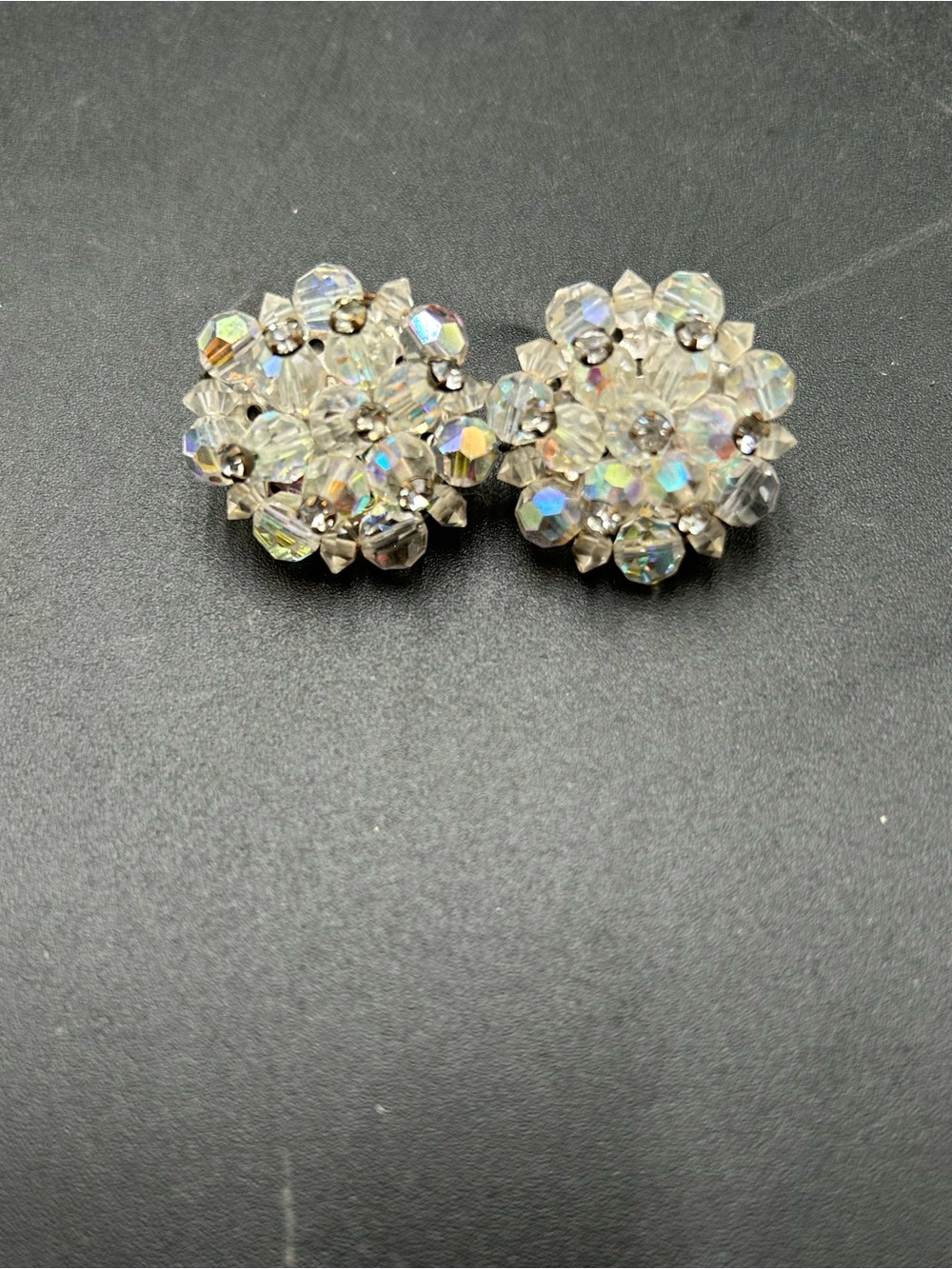 Crystal Cluster Clip-On Earrings - Clear Aurora Borealis